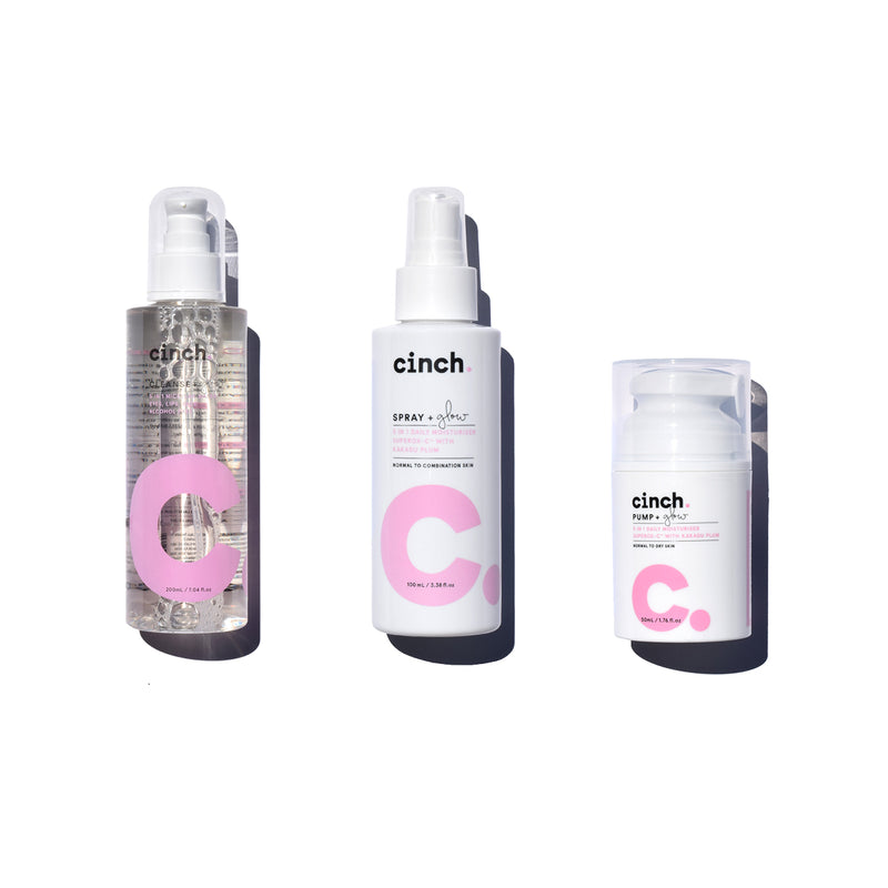 3 bottles of cinch skin products, cleanser, spray + glow, pump + glow