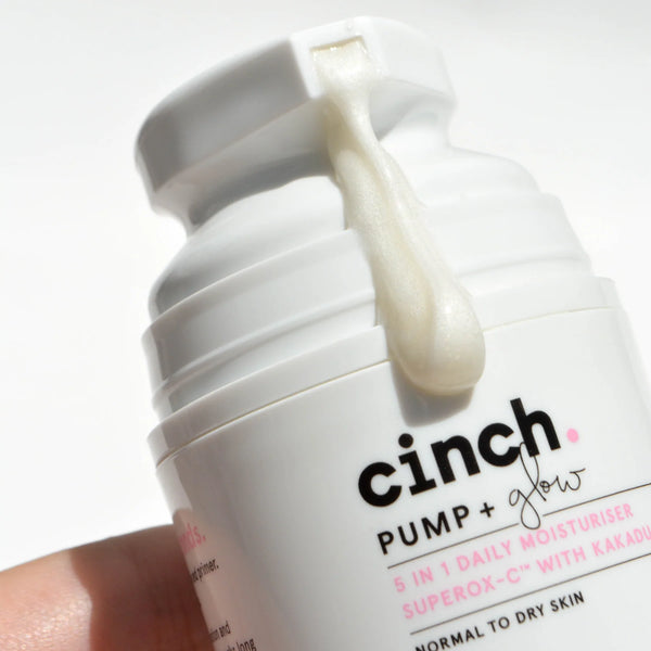 Pump + Glow with moisturiser dripping down bottle