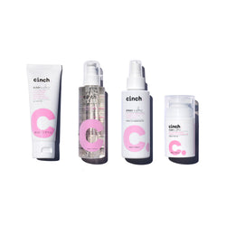 Cinch The Healthy Skin Set, sleep + glow night booster, cleanse + glow micellar, spray + glow moisturiser, pump + glow moisturiser with white background