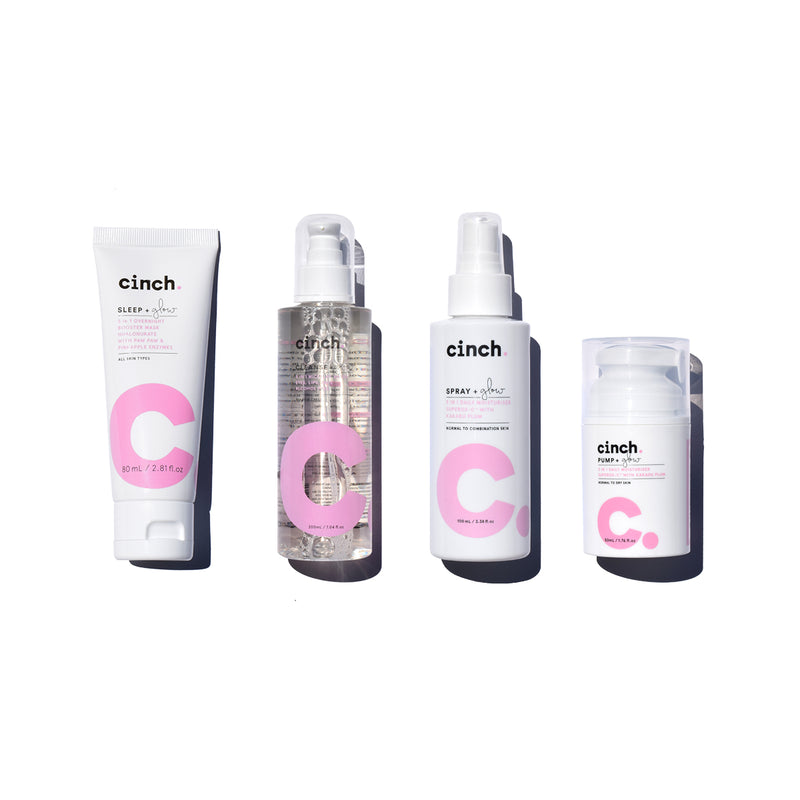 Cinch The Healthy Skin Set, sleep + glow night booster, cleanse + glow micellar, spray + glow moisturiser, pump + glow moisturiser with white background