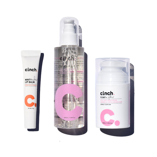 Cinch The Super Hydrator Set, cleanse + glow micellar, pump + glow moisturiser, lip balm with white background - Cinch Skin Skincare set