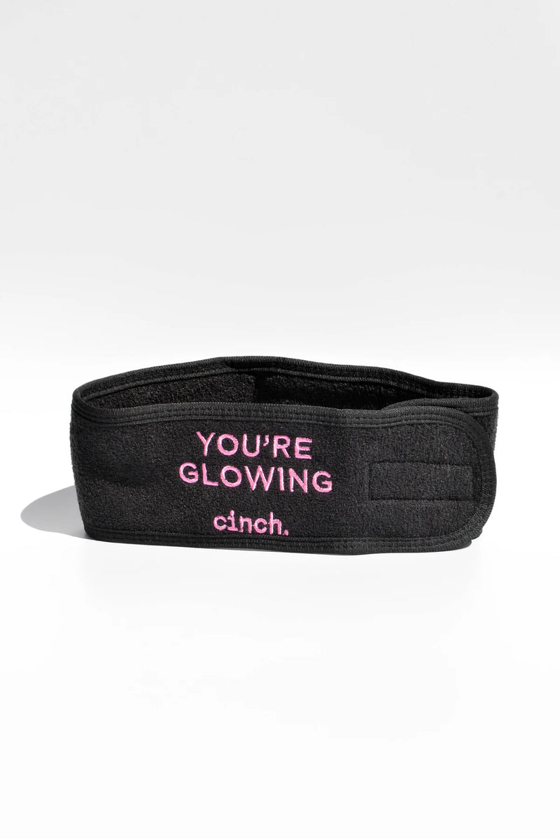 Terry Towelling Headband on white background. Text reads: you're glowing