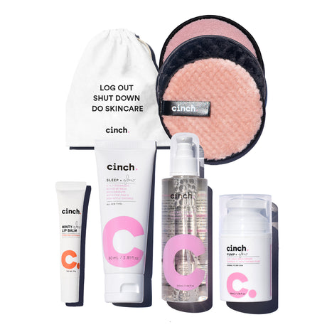 Cinch Starter Set including Cleanse + Glow, Pump + Glow, Sleep + Glow, Minty Glow Lip Balm, Wipe + Glow reusable pads, and skincare pouch. A complete day and night skincare routine for all skin types.