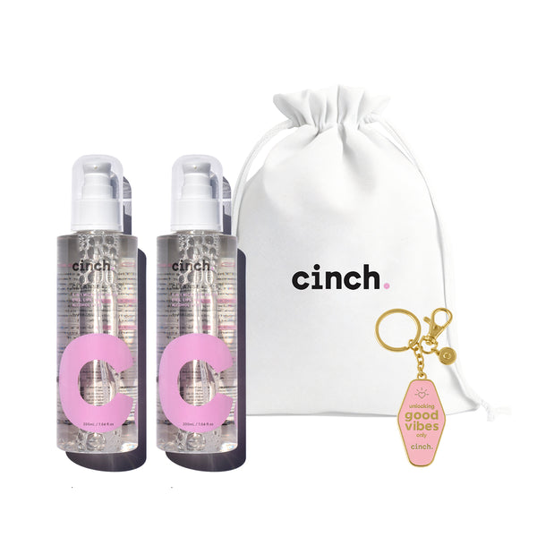 Limited edition Cleanse + Glow skincare bundle featuring two full-size cleansers, a white cotton Cinch logo bag, and a Good Vibes key ring—ideal for a fresh, glowing skin morning and night, even on the laziest days.