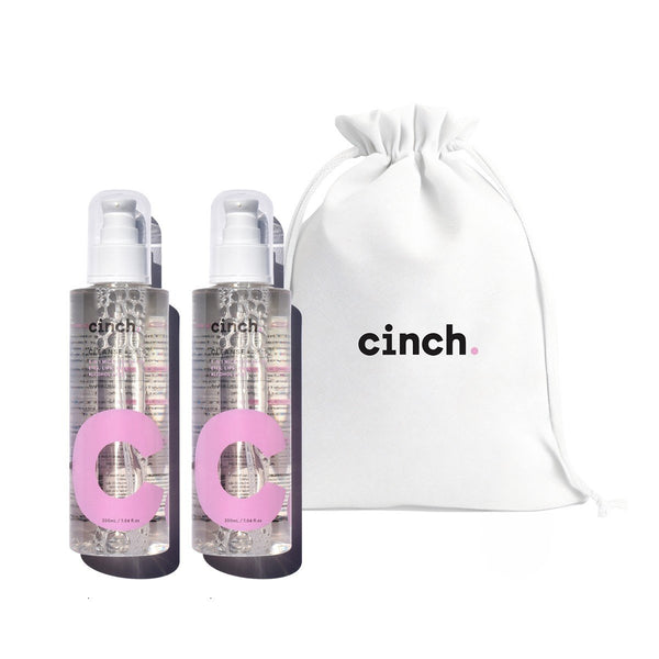 Limited edition Cleanse + Glow skincare bundle featuring two full-size cleansers and a white cotton Cinch logo bag—ideal for a fresh, glowing skin morning and night, even on the laziest days.