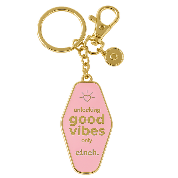 Cute motel-style keyring – Unlocking Good Vibes Only design for keys, totes, and gift giving, Cinch Skin accessory.