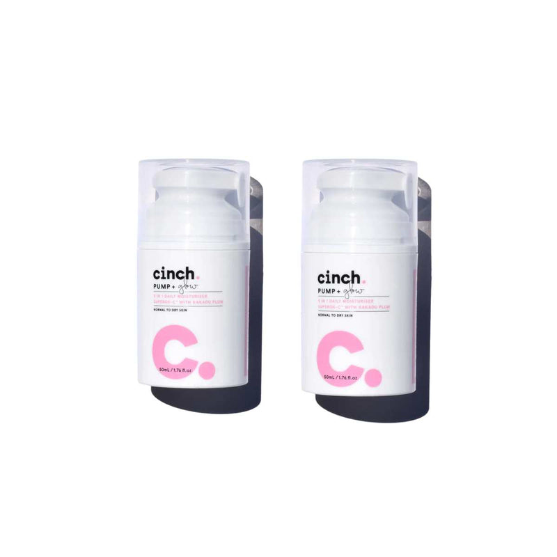 Two bottles of Cinch Pump + Glow 5-in-1 Daily Moisturiser, 50mL each, shown side by side as the Pump + Glow Duo Bundle.