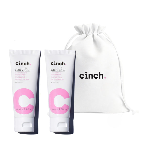 Limited edition Sleep + Glow skincare bundle with two full-size overnight hydrating sleep mask and a white cotton Cinch logo bag for glowing, bouncy skin by morning and perfect for gifting or stocking up.