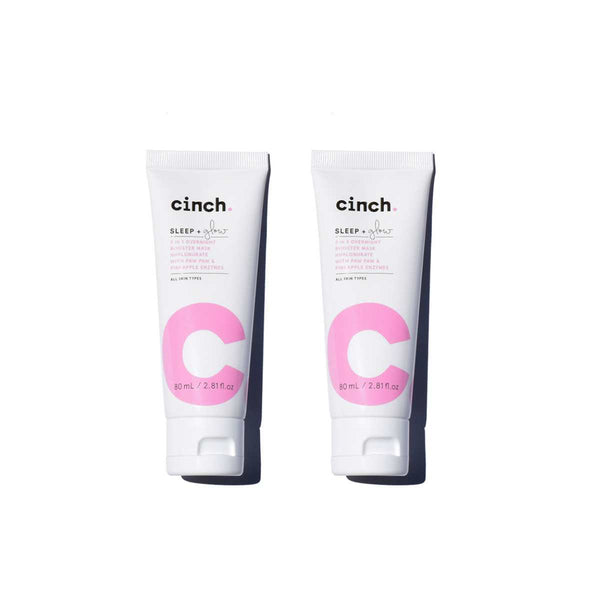 Two tubes of Cinch Sleep + Glow 5-in-1 Overnight Booster Mask, 80mL each, displayed side by side as part of the Sleep + Glow Duo Bundle.