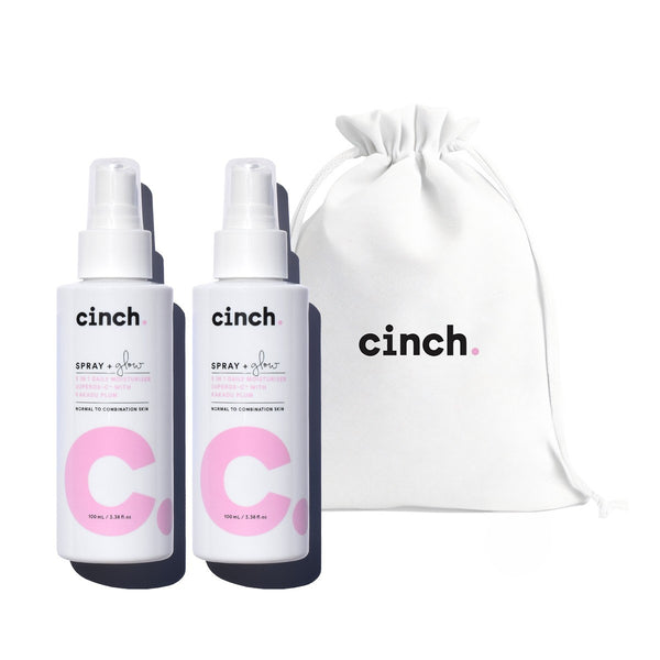 Limited edition Spray + Glow skincare bundle featuring two full-size hydrating facial mists and a white cotton Cinch logo bag—perfect for gifting or glowing up your own skincare routine.