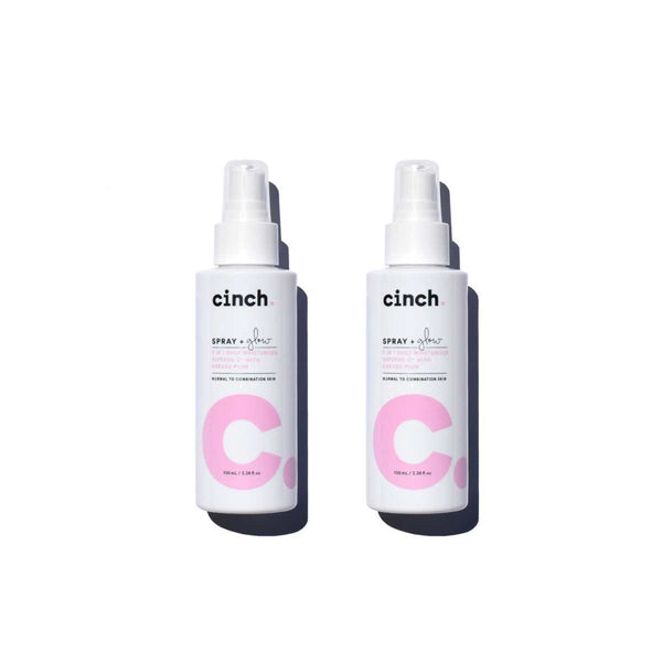 Two bottles of Cinch Spray + Glow Hydraing Face Mist, 100mL each, shown side by side as the Spray + Glow Duo Bundle. Can be used as a primer and setting spray during makeup prep