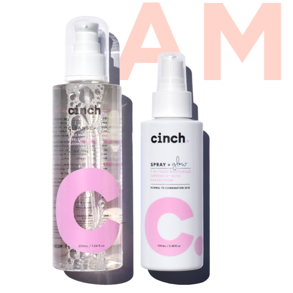 cinch balance your skin set am, cleanse + glow and spray + glow