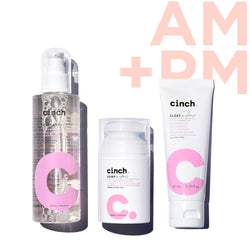 Cinch Skin Dry Skin Saviour Set AM and PM, cleanse + glow, pump + glow, sleep + glow with white background