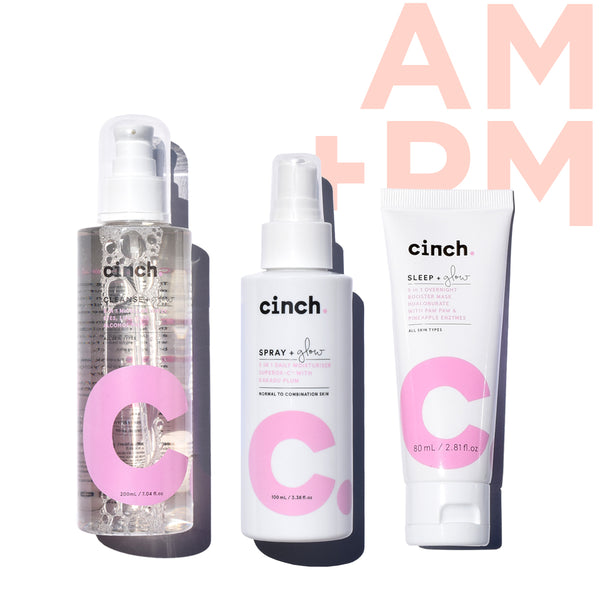 cinch the glowiest skin set AM and PM, cleanse + glow, spray + glow moisturuser, sleep + glow overnight booster