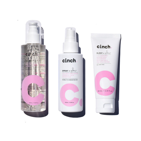 cinch the glowiest skin set, cleanse + glow, spray + glow moisturuser, sleep + glow overnight booster with white background