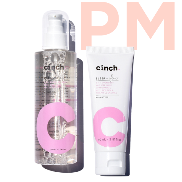 cinch the glowy skin evening set, cleanse + glow, micellar, sleep + glow night booster