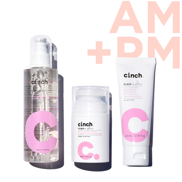 Cinch The Ultimate Smoothing morning and evening set, cleanse + glow micellar, plump + glow moisturiser, sleep + glow night booster